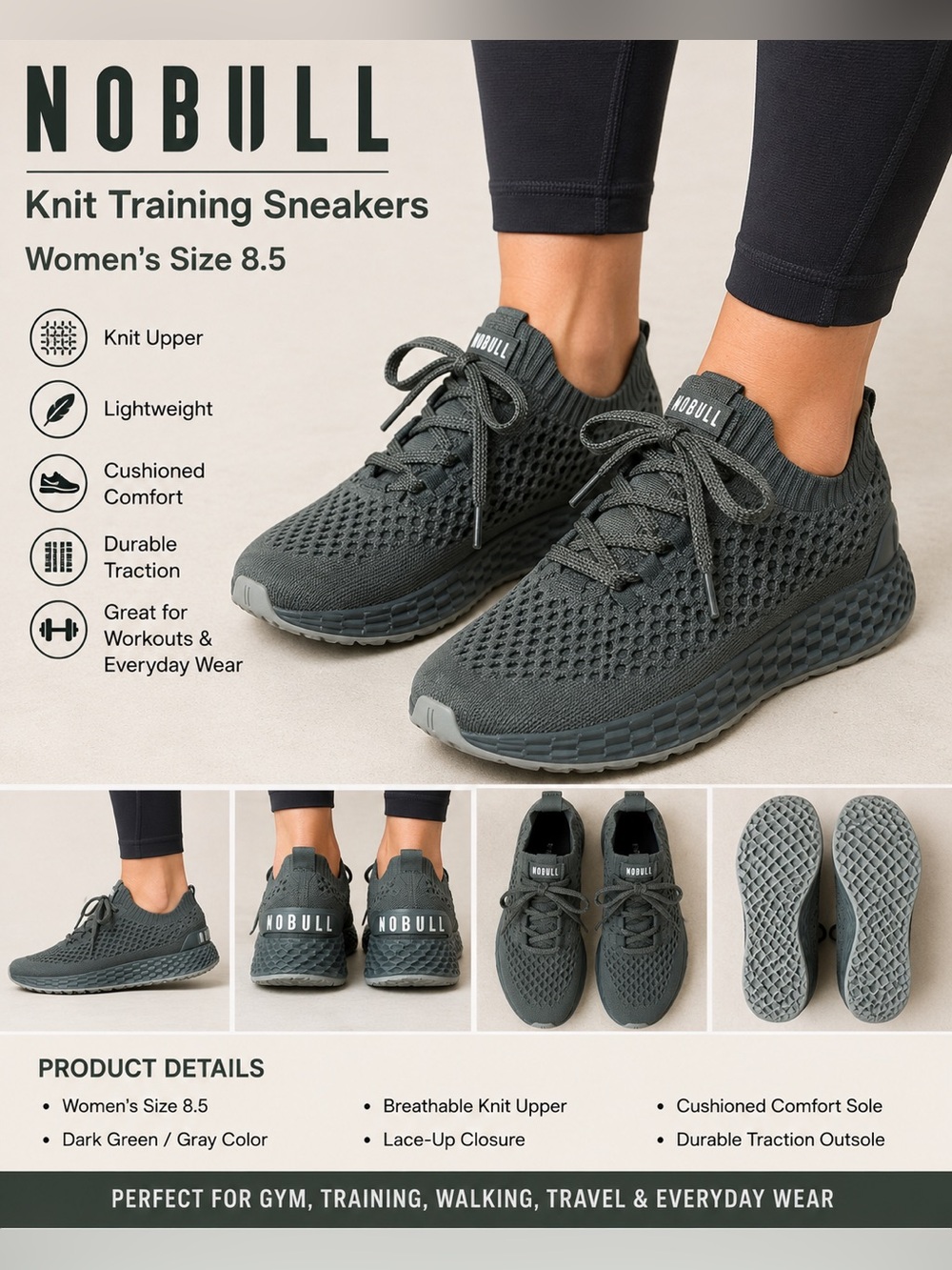 NOBULL Knit Training Sneakers Dark Green Gray Women’s Size 8.5